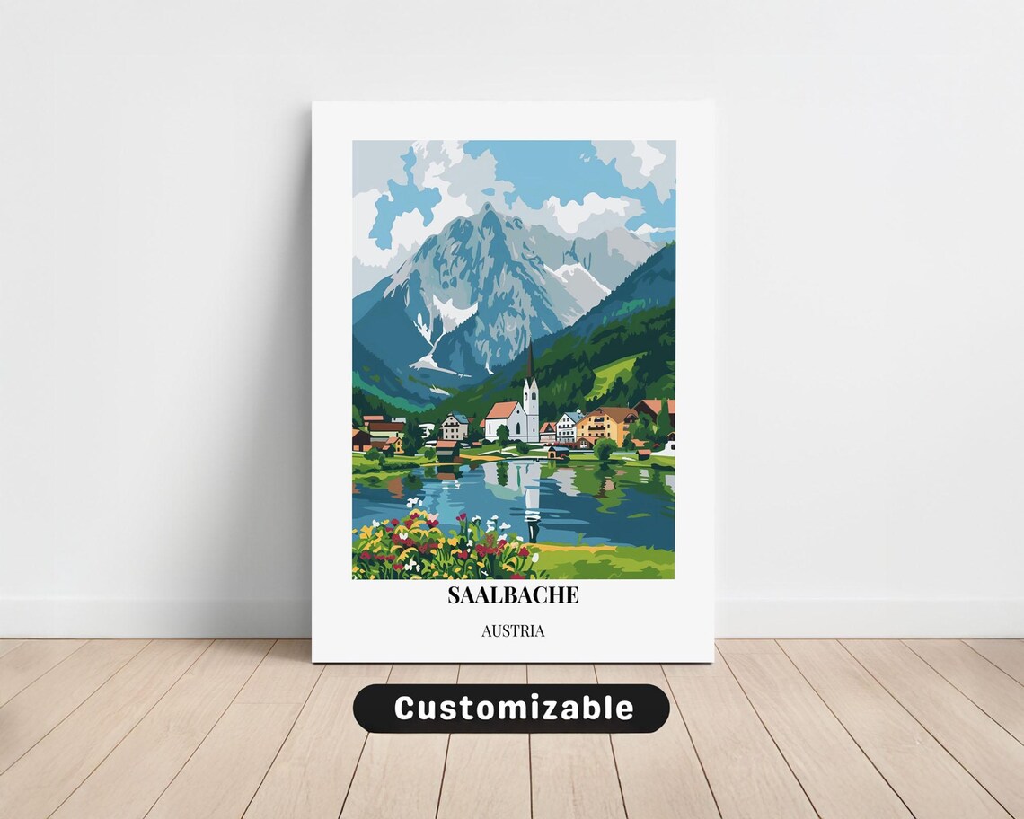 Saalbache Austria Alpine Village Lake Mountain Travel Poster