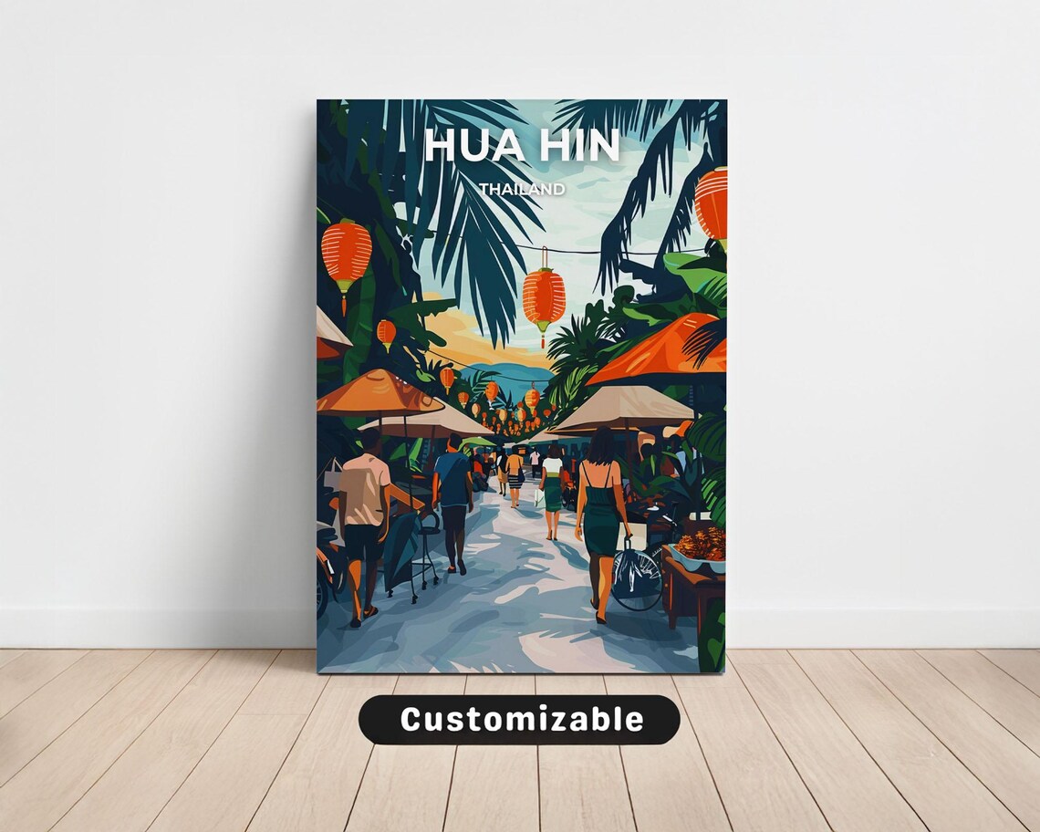 Hua Hin Thailand Night Market Lantern Street Custom Travel Poster