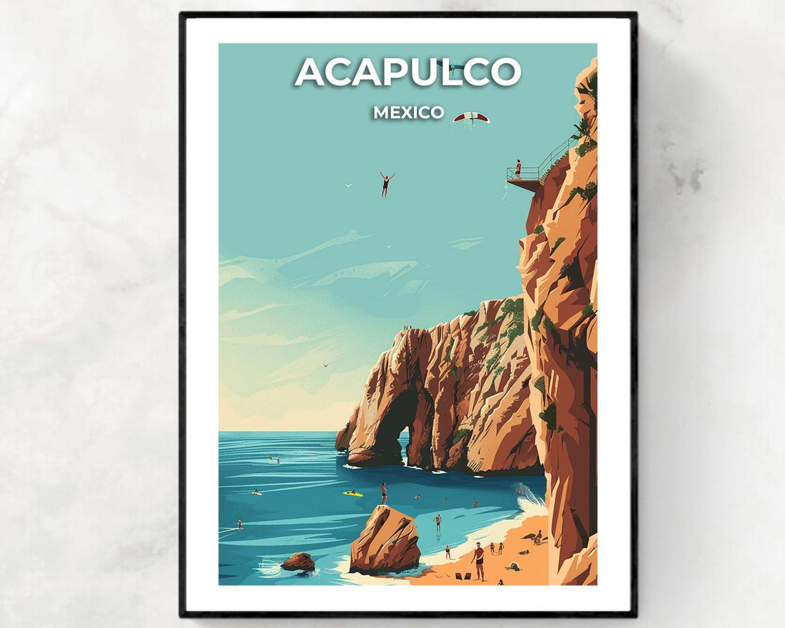 Acapulco Mexico La Quebrada Cliff Diver Mid Air Ocean Poster