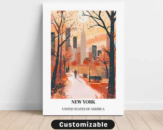 New York Autumn Park Travel Poster Falling Leaves Skyline Path Art