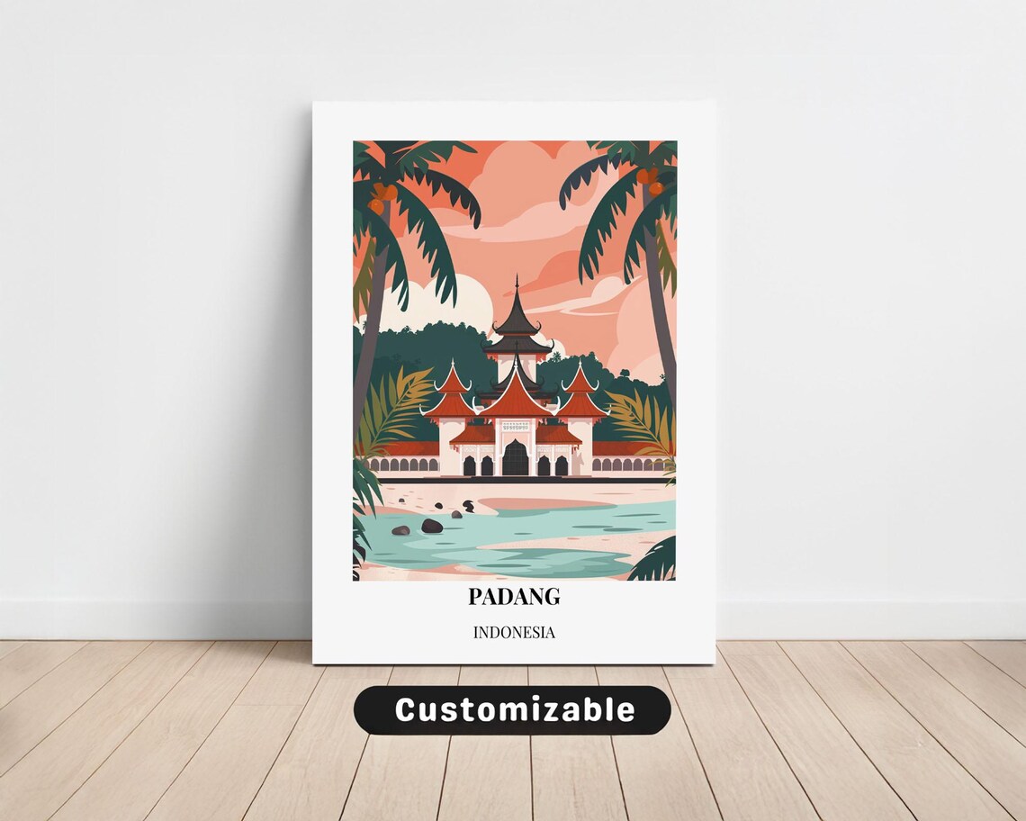 Padang Indonesia Tiered Roof Mosque Palm Lagoon Vintage Travel Poster