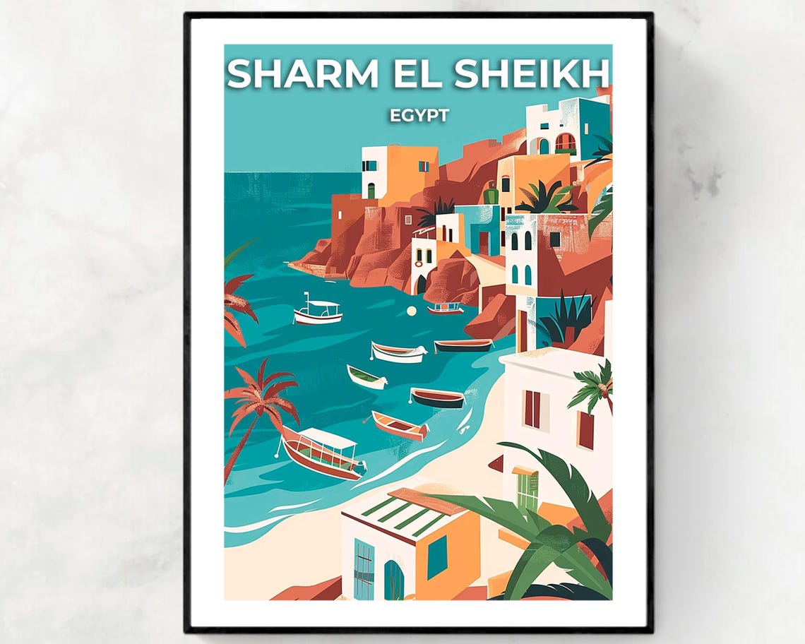 Sharm El Sheikh Egypt Boats Cliffs Travel Poster for Travel Lovers