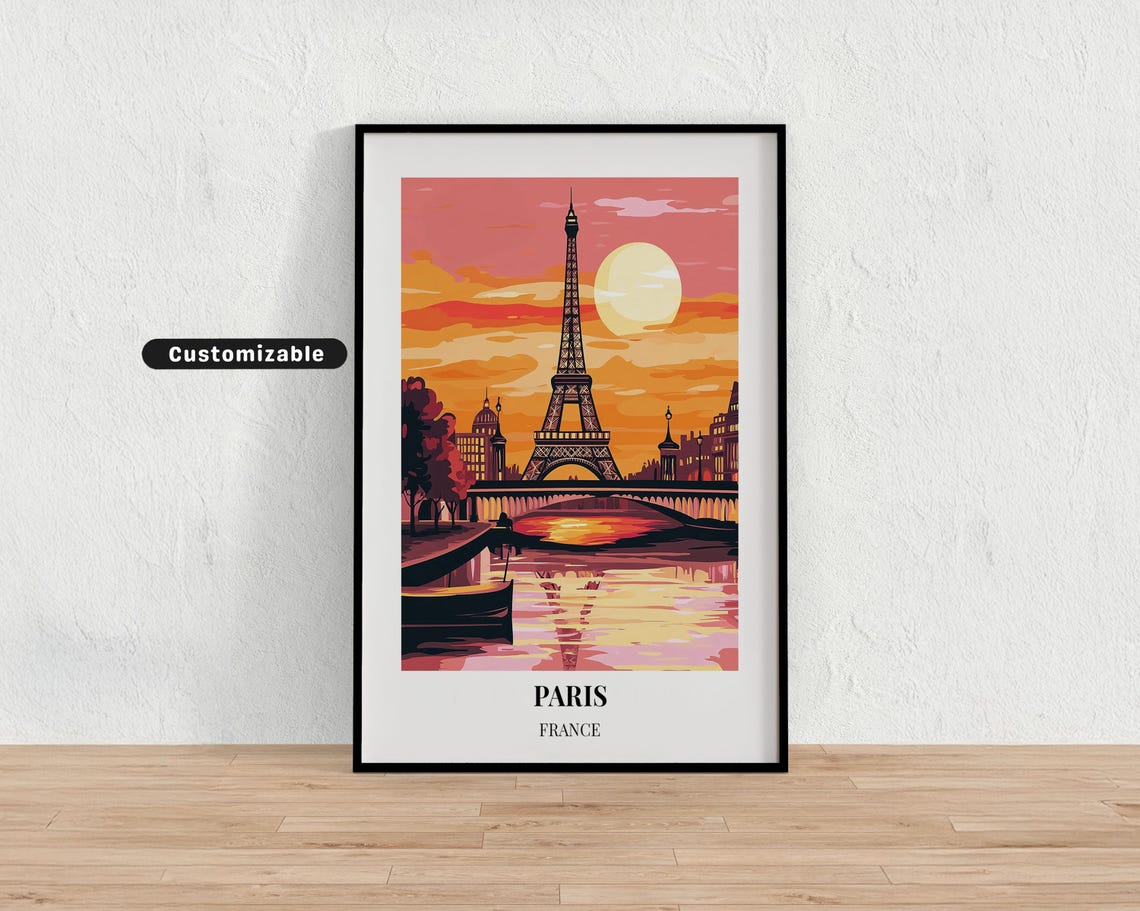 Paris France Eiffel Tower Seine River Sunset Retro Travel Poster