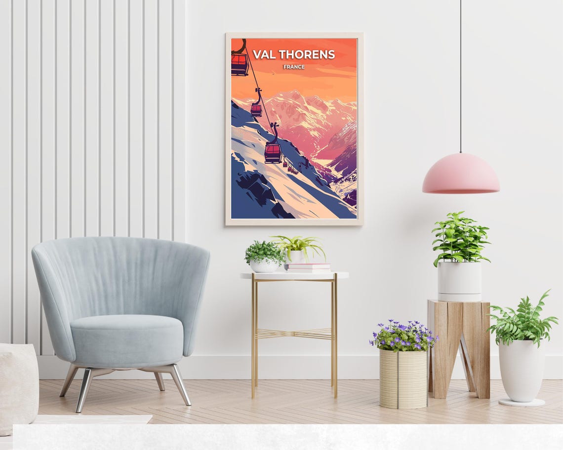 Val Thorens Ski Gondolas Above Snowy Peaks at Sunset Travel Poster - Image 2