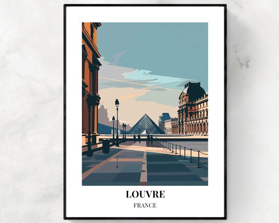 Louvre France Twilight Courtyard Poster with Glass Pyramid and Lanterns