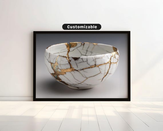 Kintsugi Ceramic Bowl With Gold Vein Lines And Shadow Play Japanese Wall Art Print Zen Asian Decor