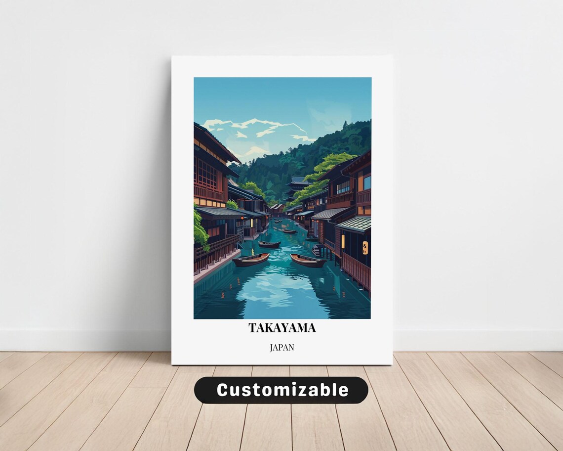 Takayama Japan Canal Boats Old Town Minimalist Travel Poster