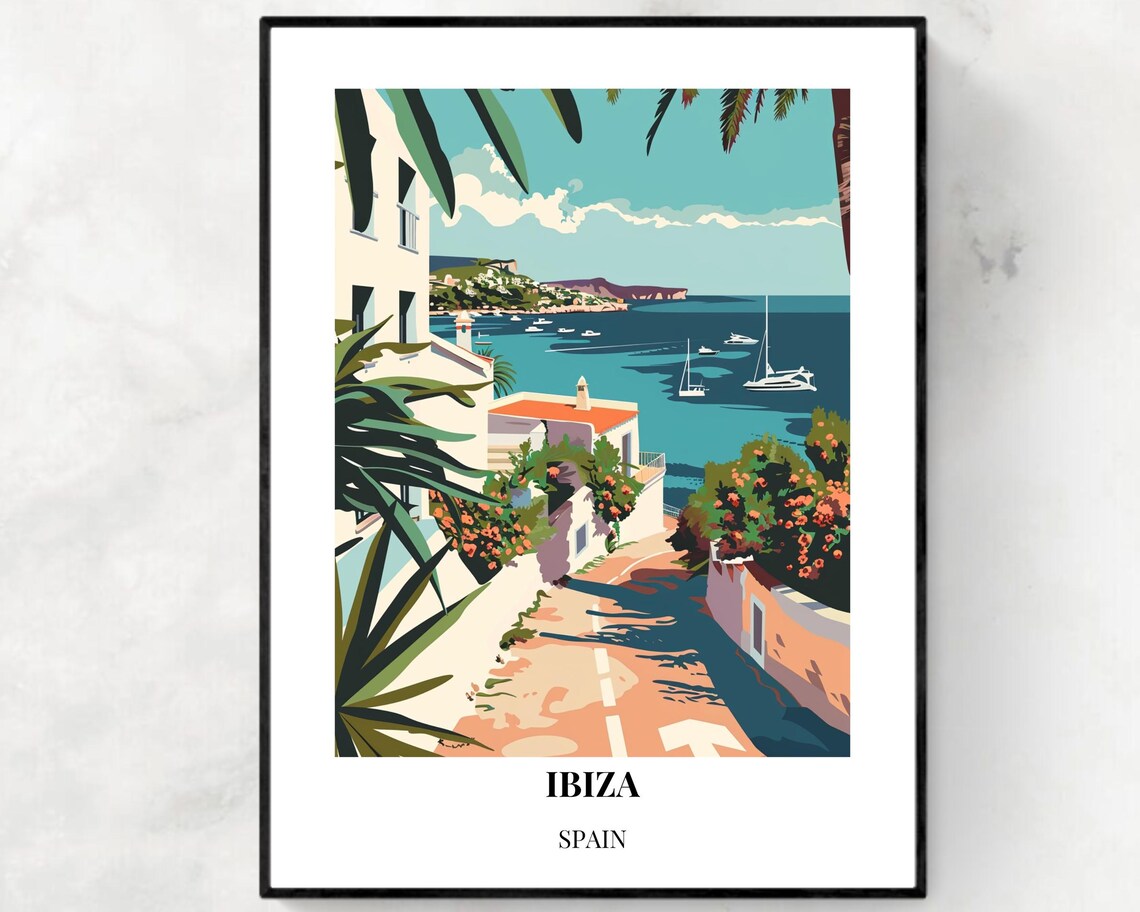 Ibiza Spain Balearic Harbor Street Sailboats Sunny Travel Poster