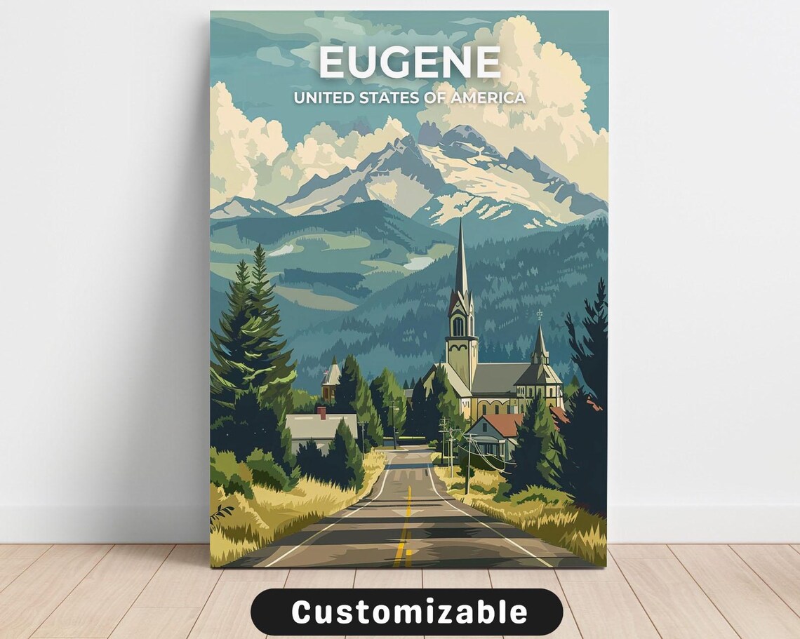 Eugene Oregon Church Steeple Mountain Road United States Travel Poster
