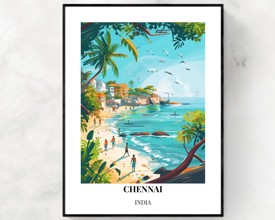 Chennai India Tropical Beach Palm Trees Seaside Travel Poster