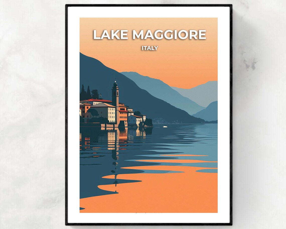 Lake Maggiore Italy Sunset Lake Reflection Travel Art Poster
