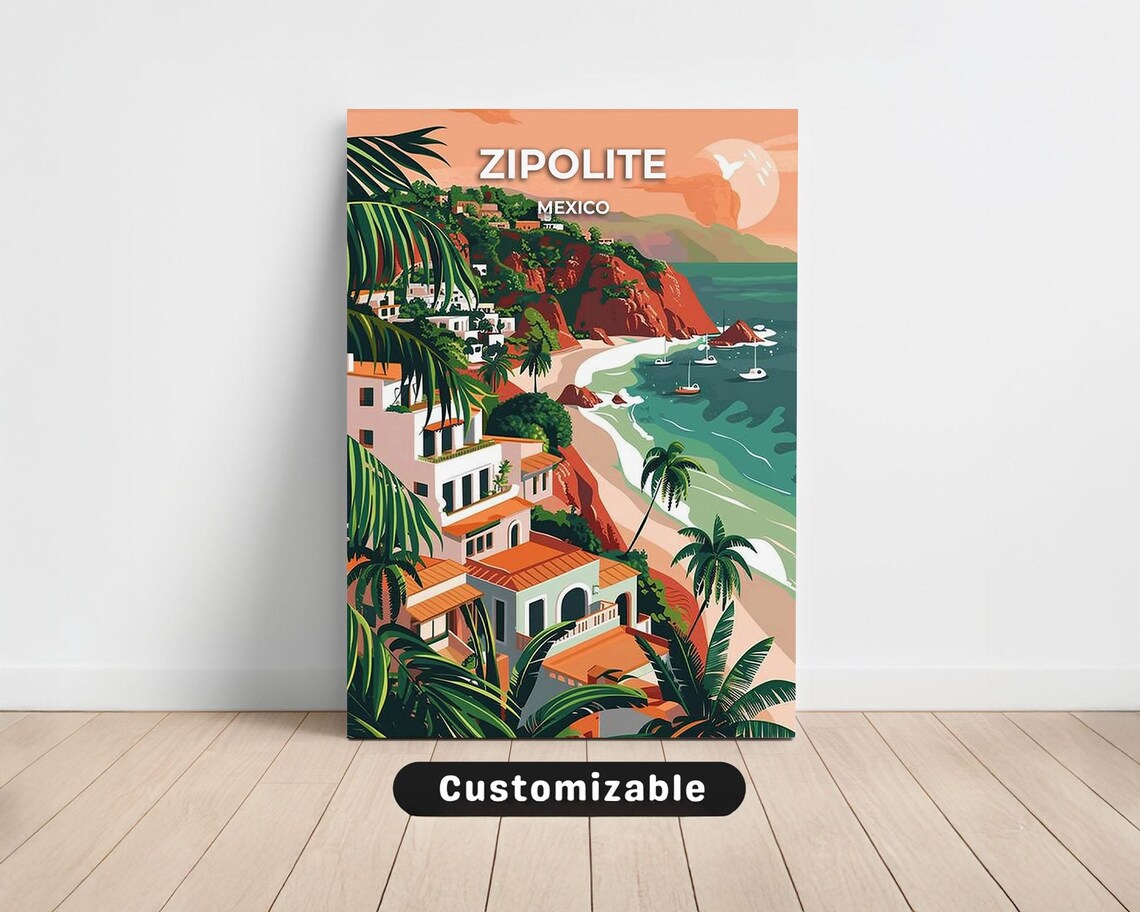 Zipolite Mexico Cliffside Villas Beach Bay Colorful Travel Poster