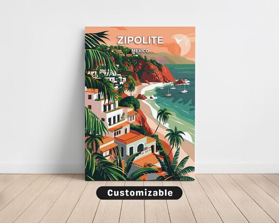 Zipolite Mexico Cliffside Villas Beach Bay Colorful Travel Poster