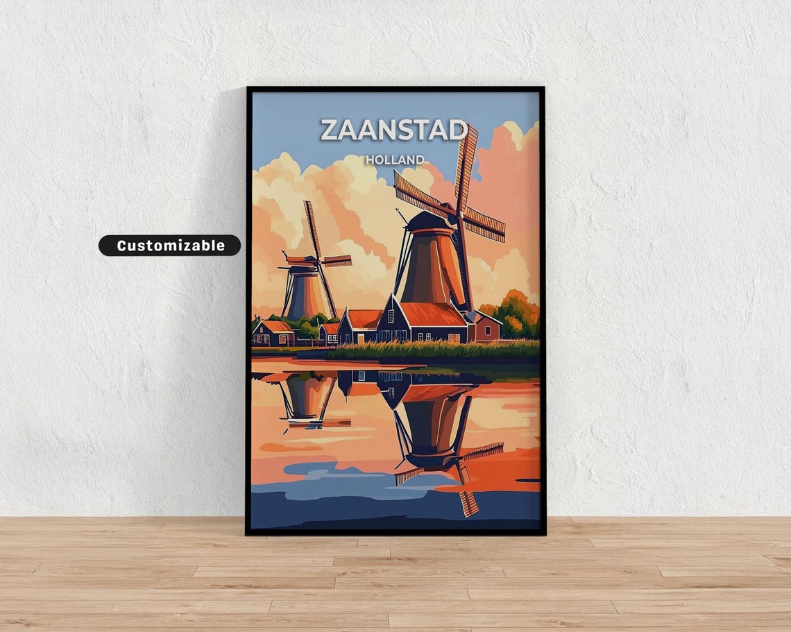 Zaanstad Holland Windmills Sunset Water Reflection Travel Poster