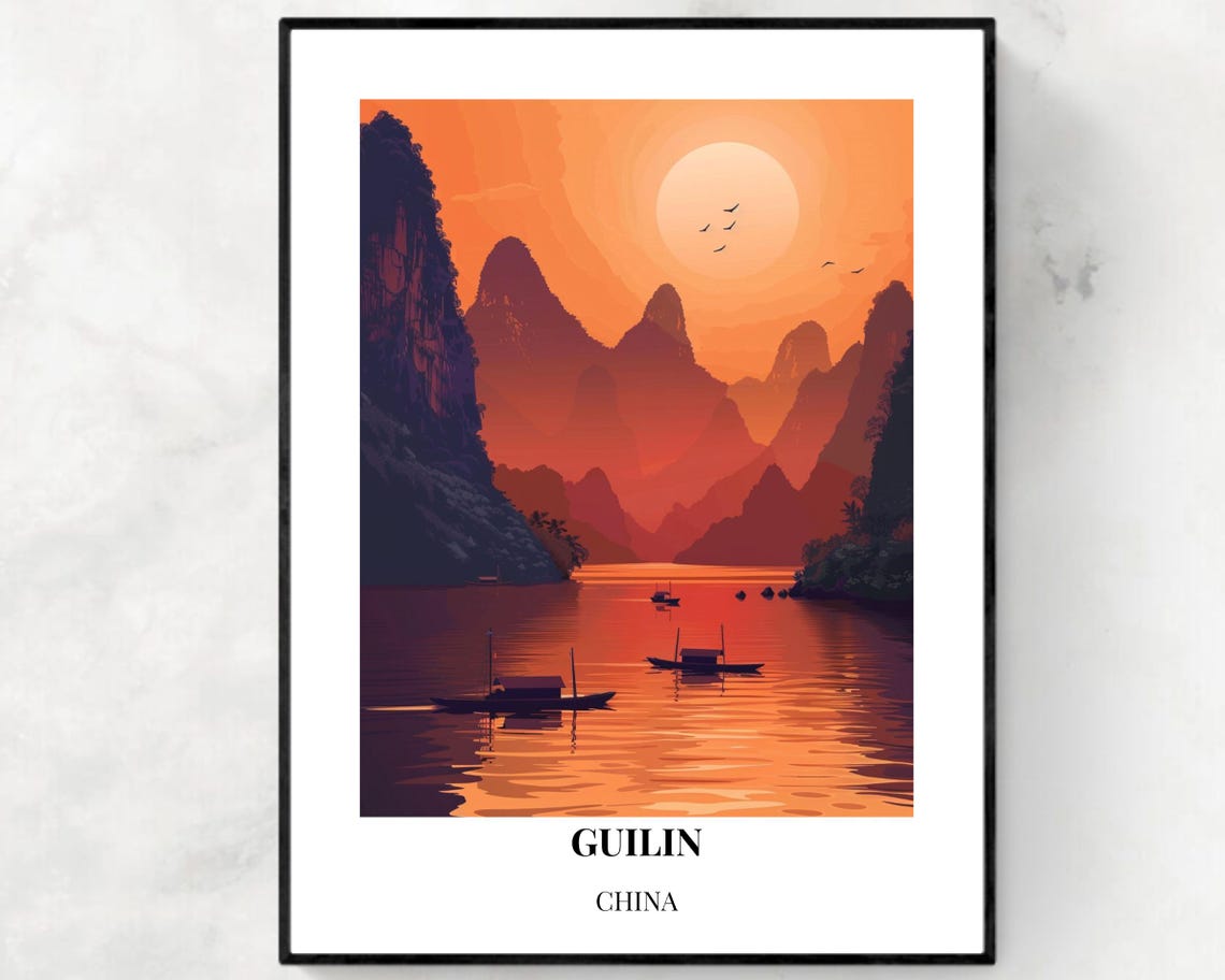 Guilin China Karst Peaks Orange Sunset River Silhouette Travel Poster