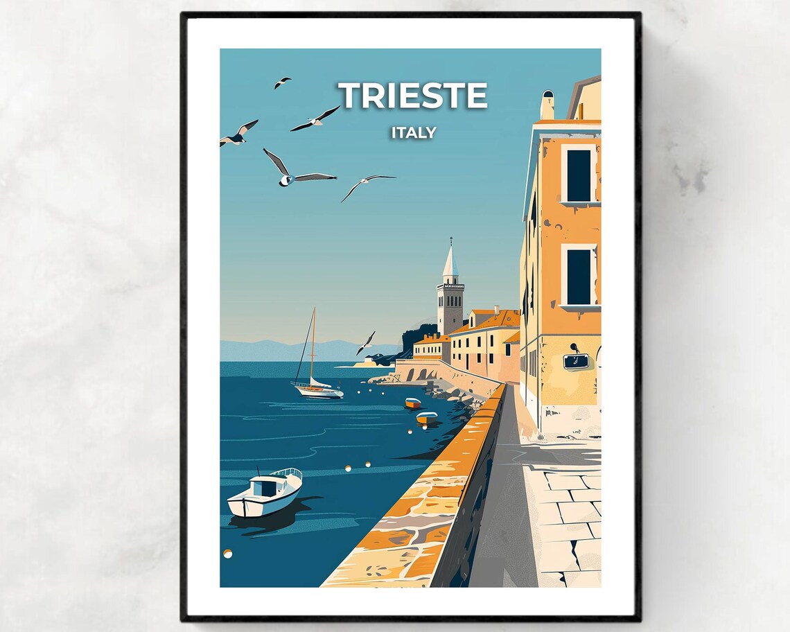 Trieste Italy Seaside Promenade Sailboats Vintage Travel Poster