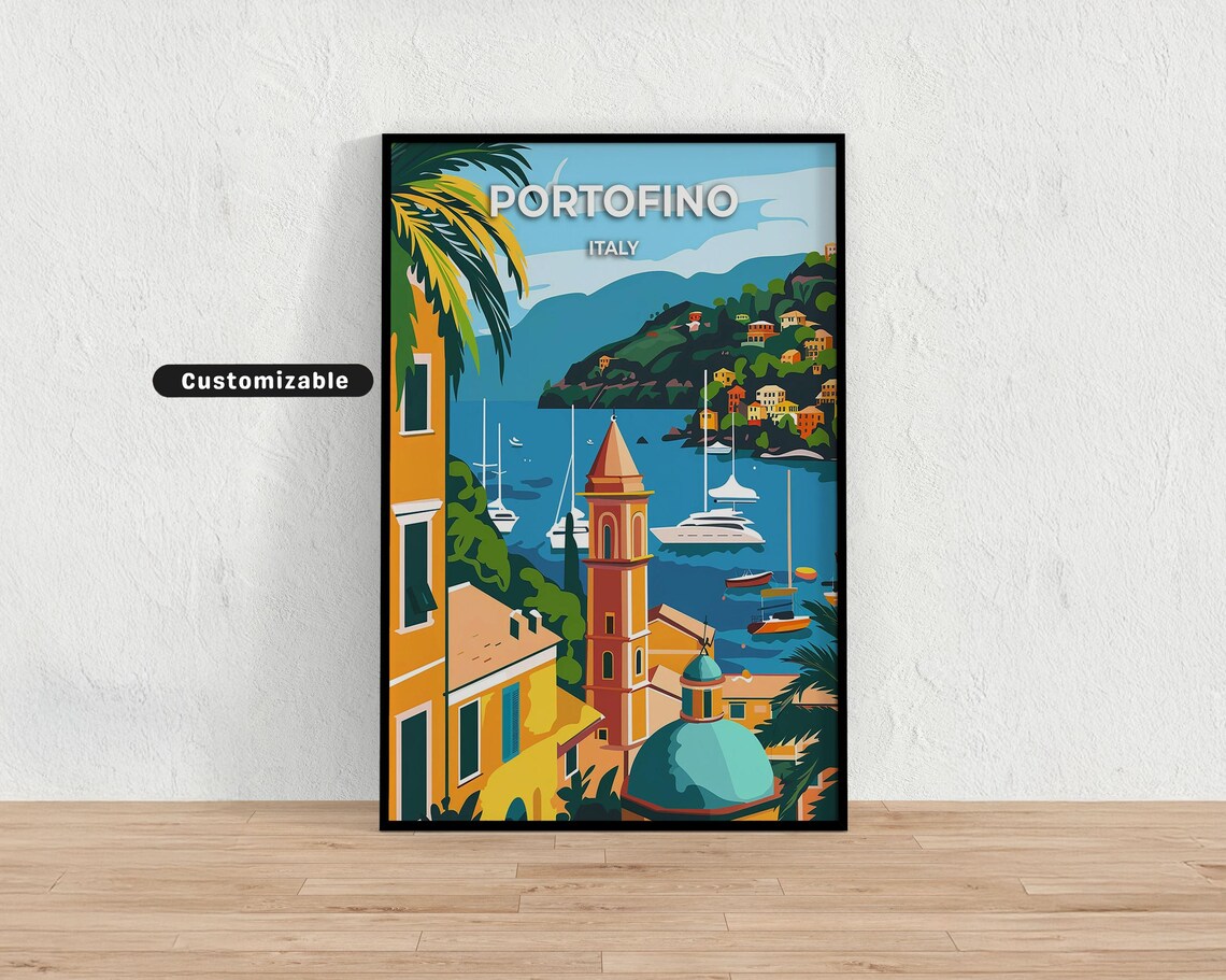 Portofino Italy Harbor Sailboats Colorful Illustrated Travel Poster
