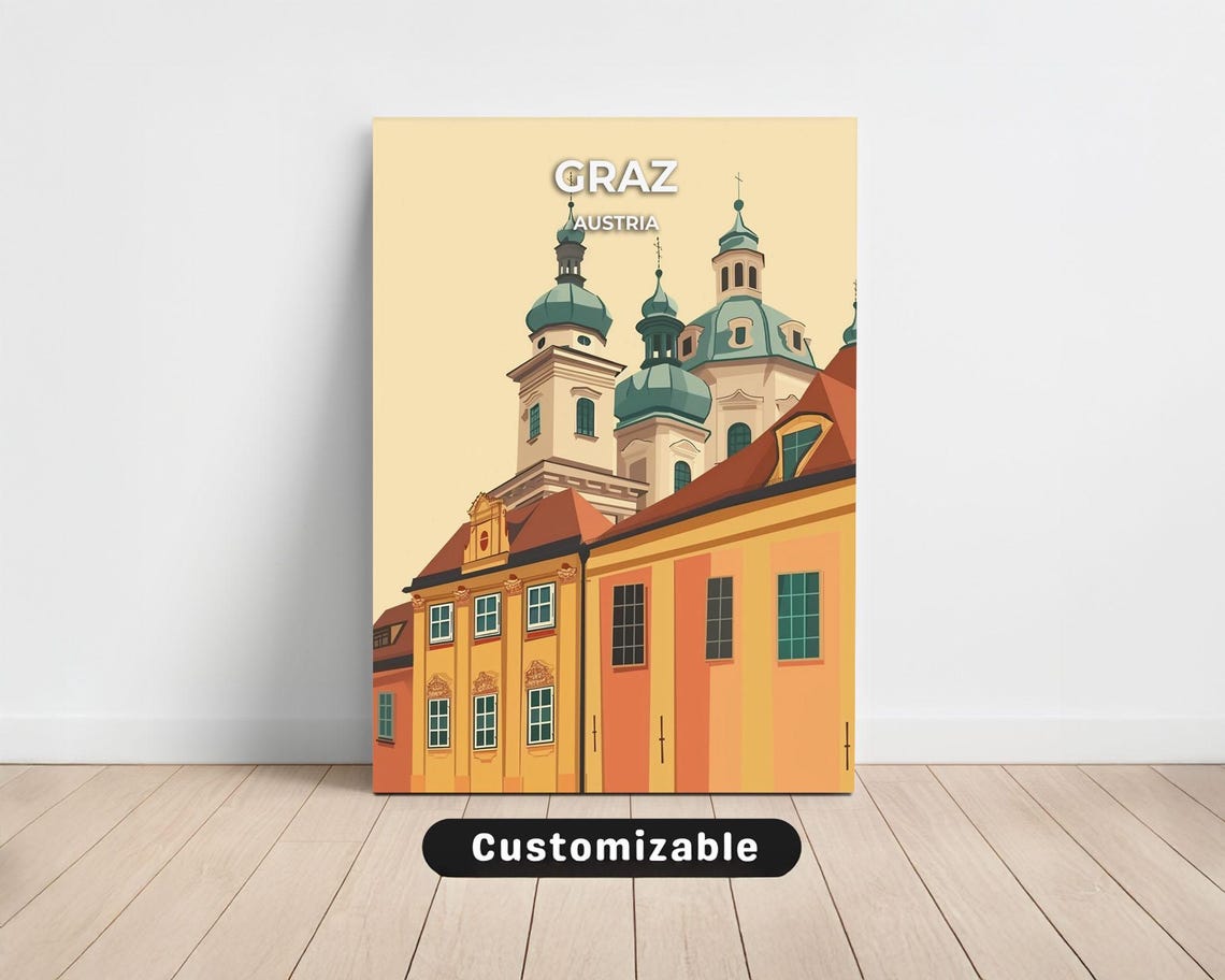 Graz Austria Vintage Travel Poster Cathedral Domes Retro Style
