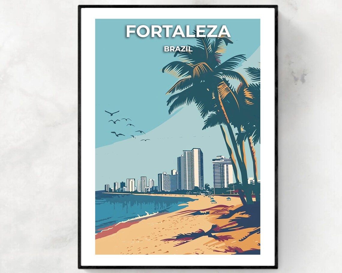 Fortaleza Brazil Beach Skyline with Palm Trees and Seabirds Poster