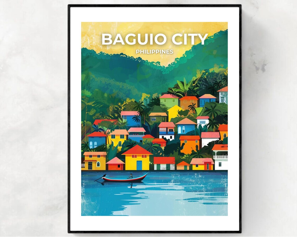 Baguio City Colorful Lakeside Houses and Boat Philippines Poster
