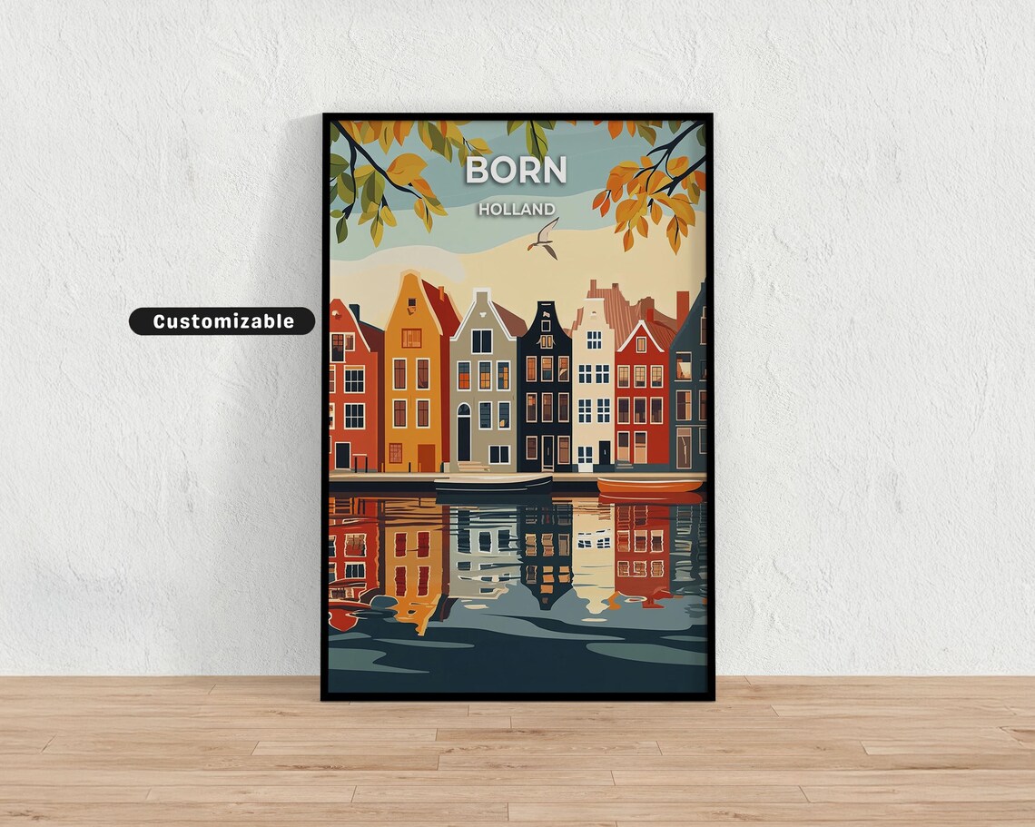 Born Holland Canal Houses Water Reflection Bold Travel Poster Art