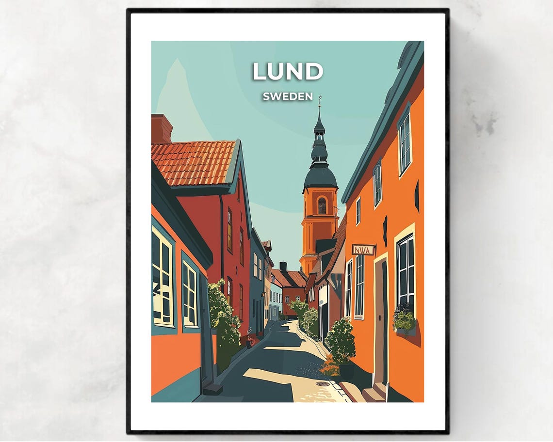 Lund Sweden Historic Cobblestone Street With Cathedral Tower Poster
