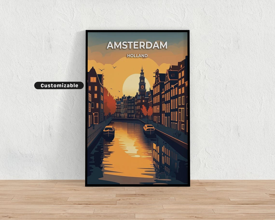 Amsterdam Holland Canal Sunset Silhouette Evening Glow Travel Poster