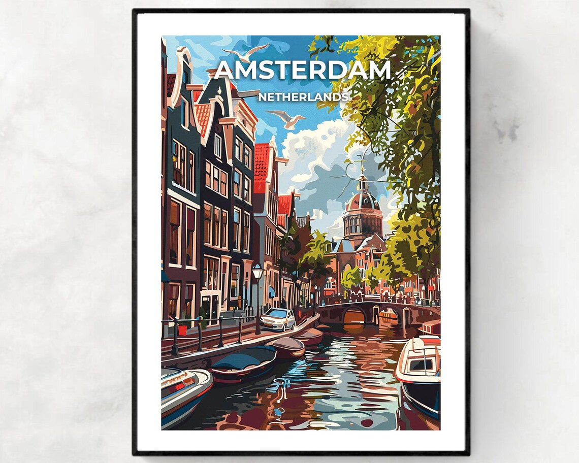 Amsterdam Netherlands Canal Houses Bridges Summer Travel Poster