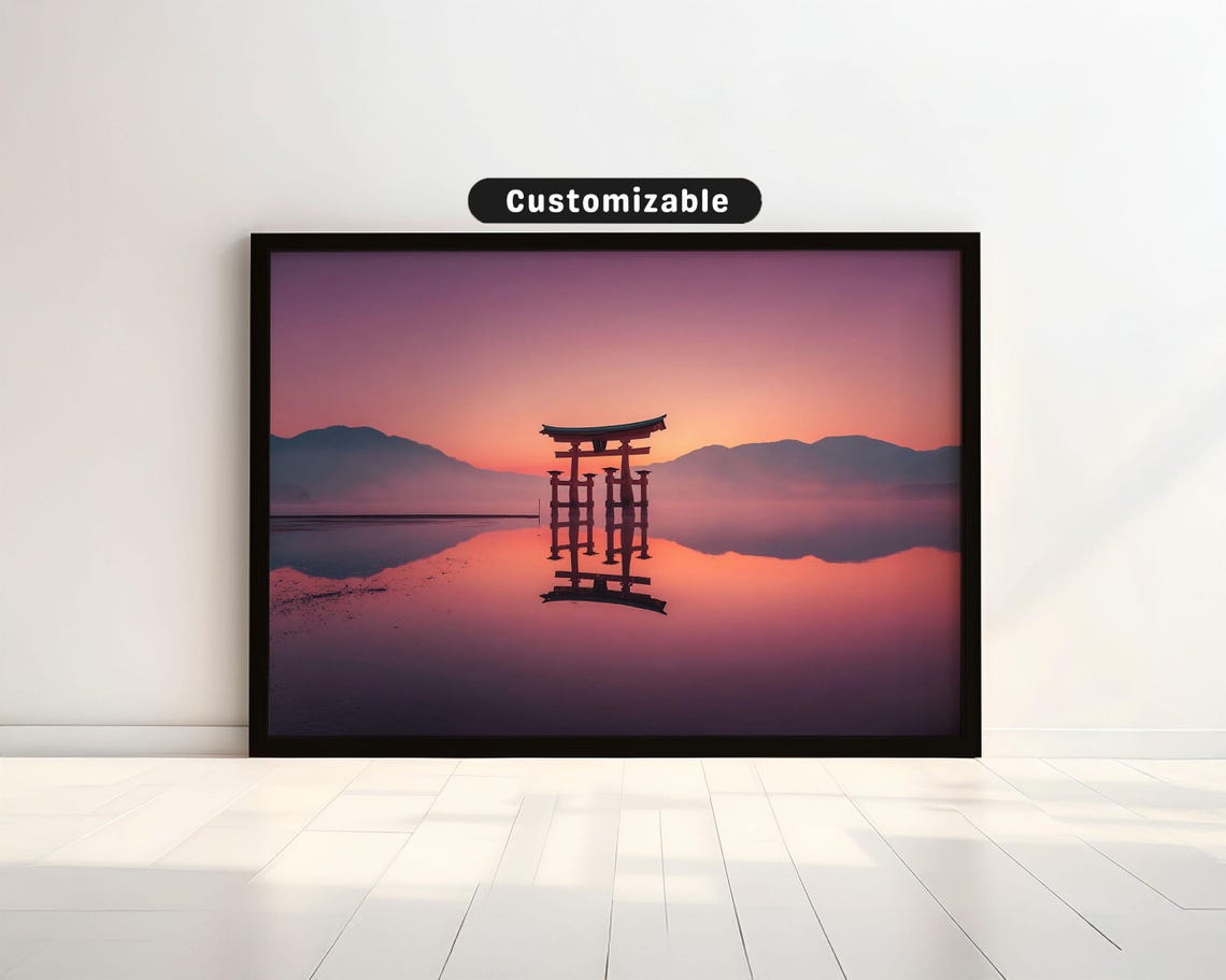 Torii Gate Reflected Perfectly In Still Lake At Sunrise Japanese Wall Art Print Zen Asian Decor
