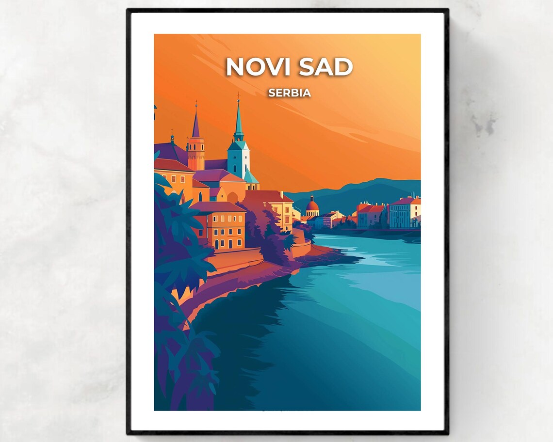 Novi Sad Serbia Sunset River Skyline Retro Travel Art Poster
