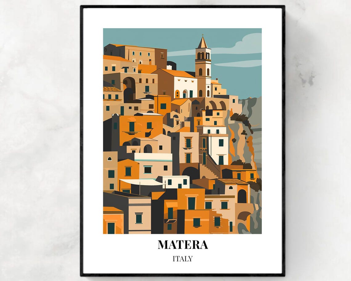 Matera Stacked Ochre Cliffside Houses Bell Tower Italy Travel Poster