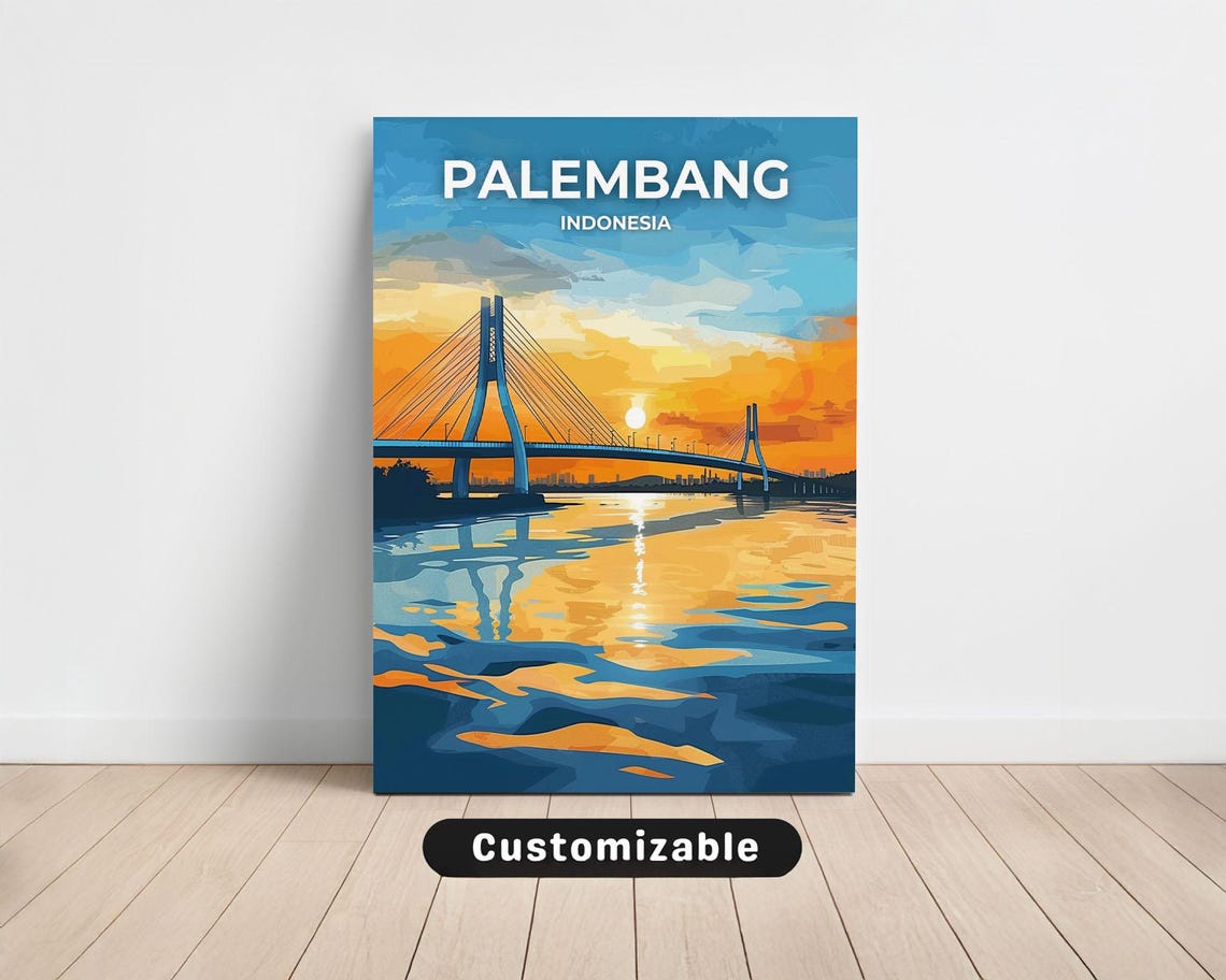 Palembang Indonesia Ampera Bridge Sunset River Travel Poster