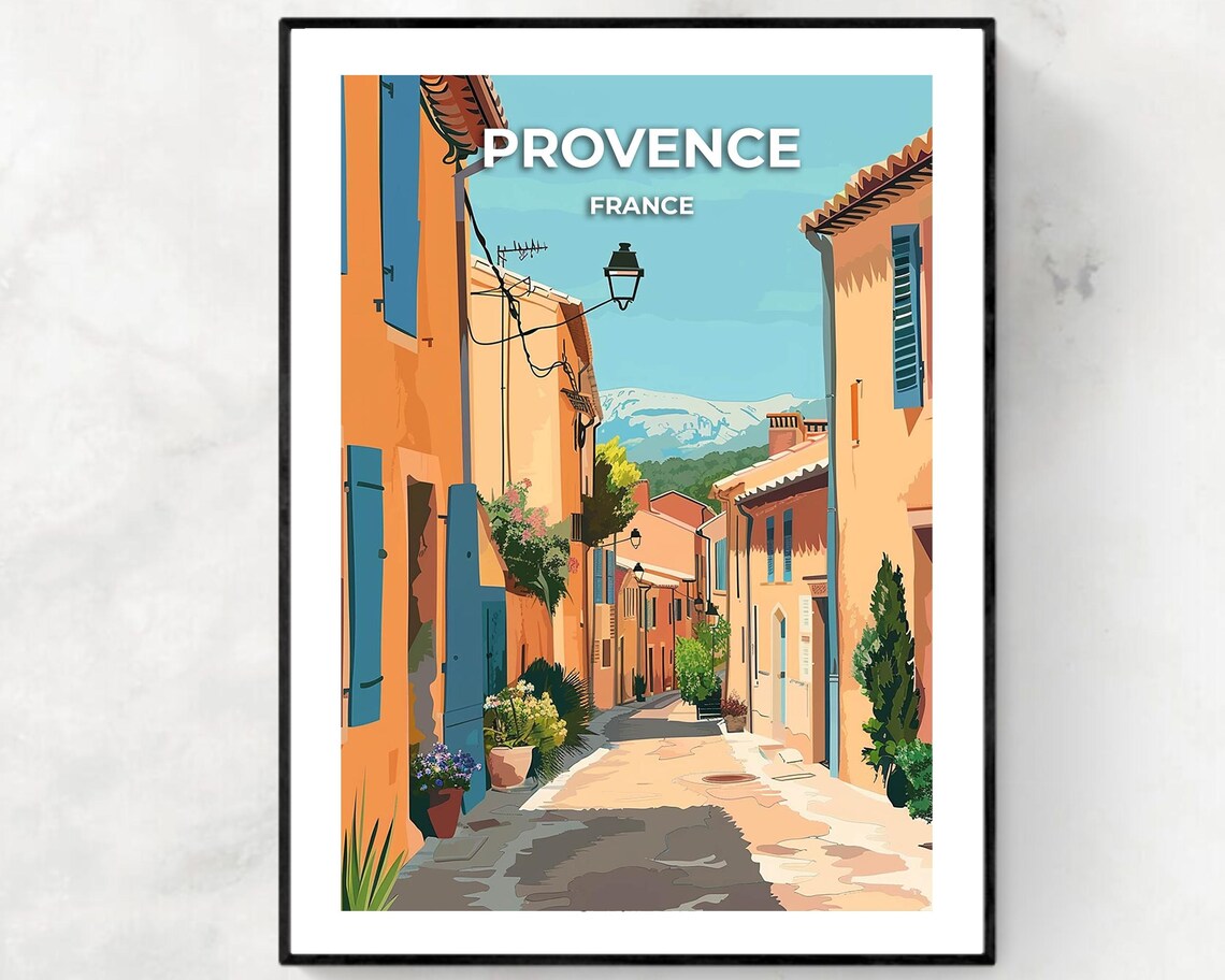 Provence France Village Street Blue Shutters Sunny Travel Poster