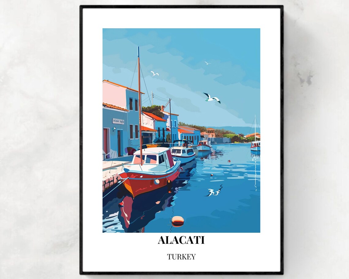 Alacati Turkey Colorful Harbor Boats Aegean Coastline Travel Poster