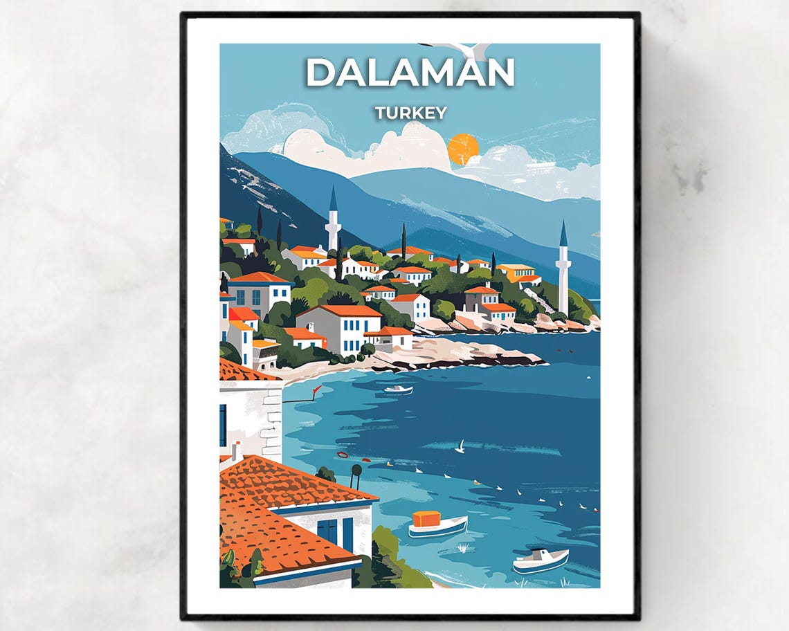 Dalaman Turkey Seaside Town with Minarets and Blue Bay Poster