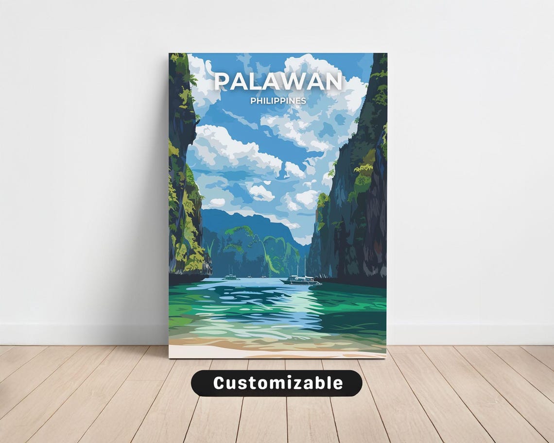 Palawan Philippines Emerald Lagoon Cliffs Vintage Travel Art Poster