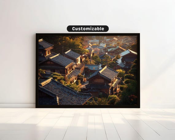 Japanese Village Rooftops Glowing In Golden Hour Light Wall Art Print Zen Asian Decor