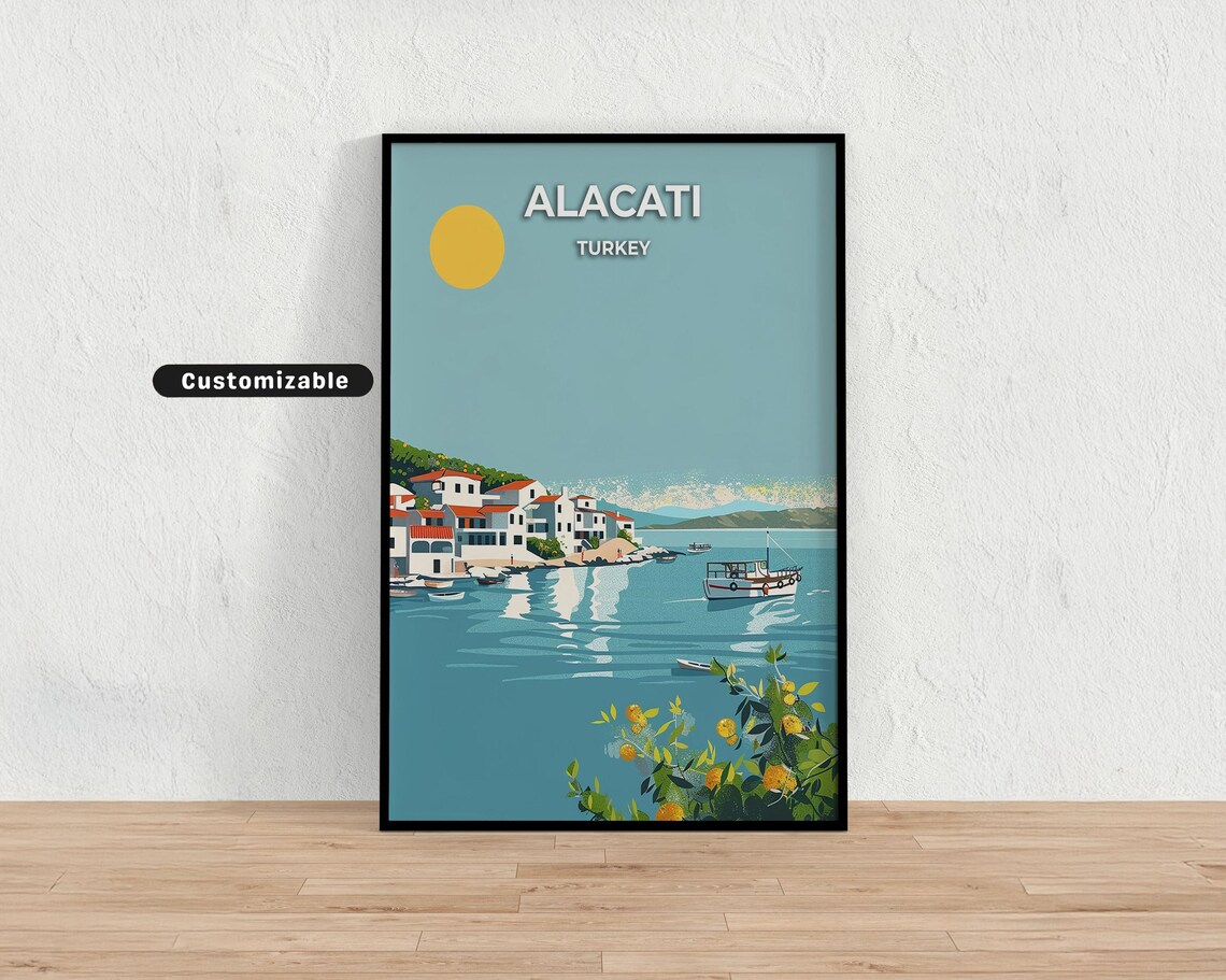 Sunny Alacati Turkey Aegean Harbor Boats Customizable Travel Poster