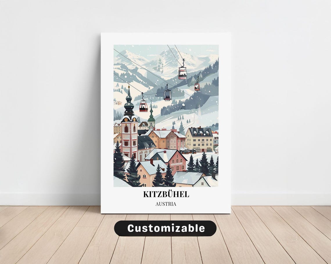 Kitzbühel Austria Snowy Ski Town Travel Poster Alpine Village Art