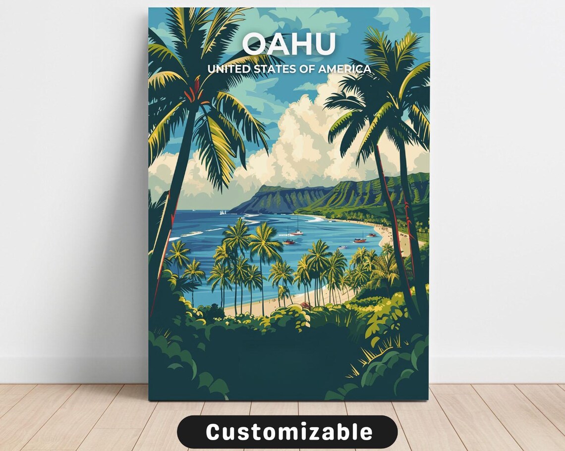 Oahu Hawaii Bay Retro Travel Poster Tropical Palms Ocean View Art