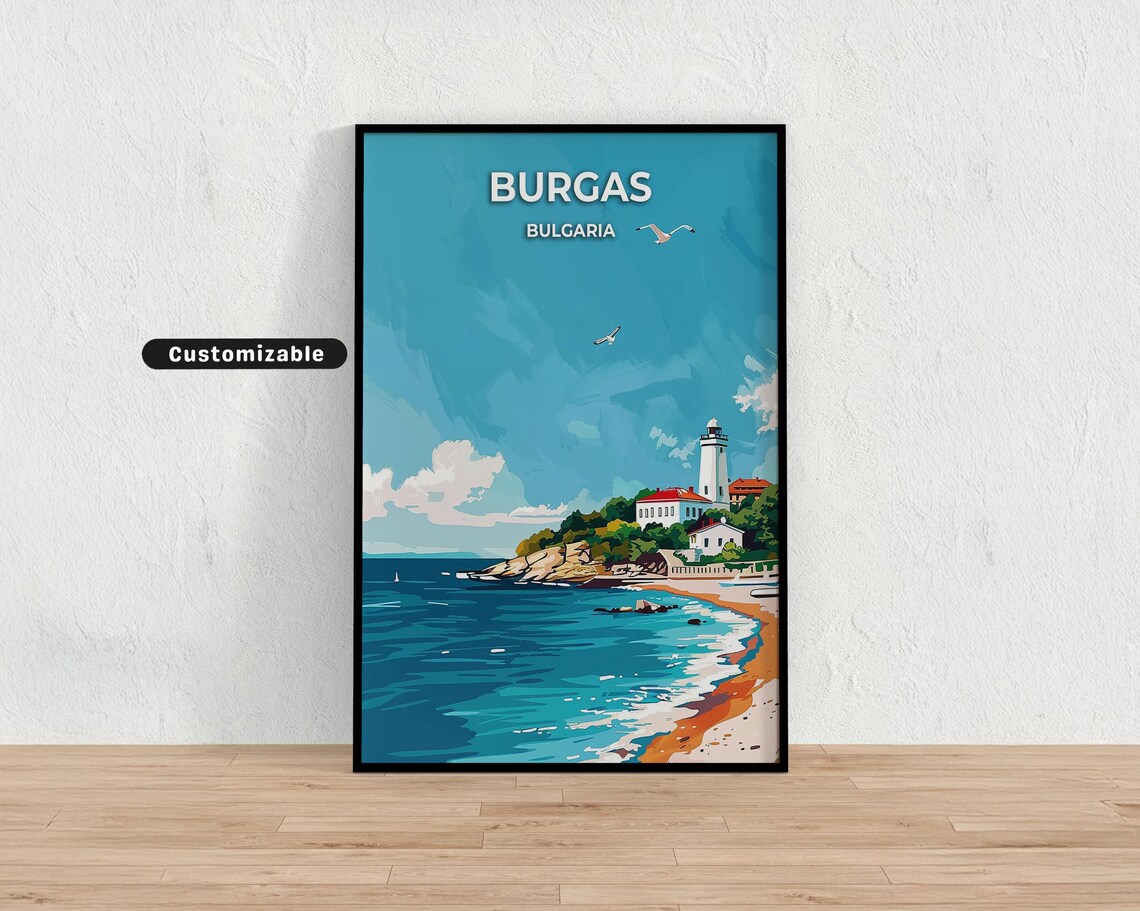 Burgas Bulgaria Lighthouse Beach Vintage Seaside Travel Poster