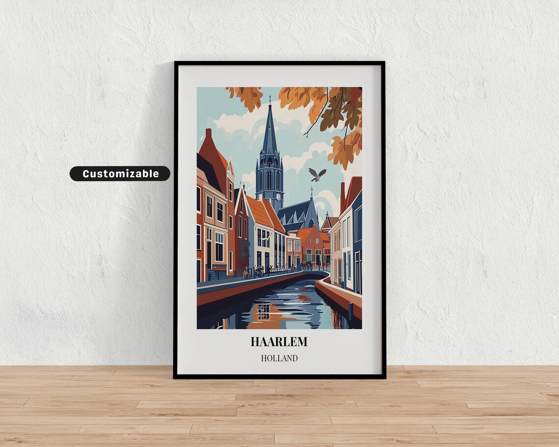 Haarlem Holland Historic Canal Church Tower Travel Art Poster