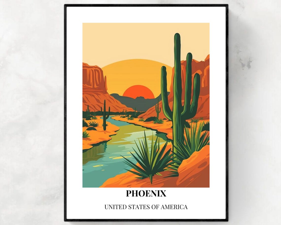 Phoenix Arizona Desert Sunset River Retro Travel Poster Artwork