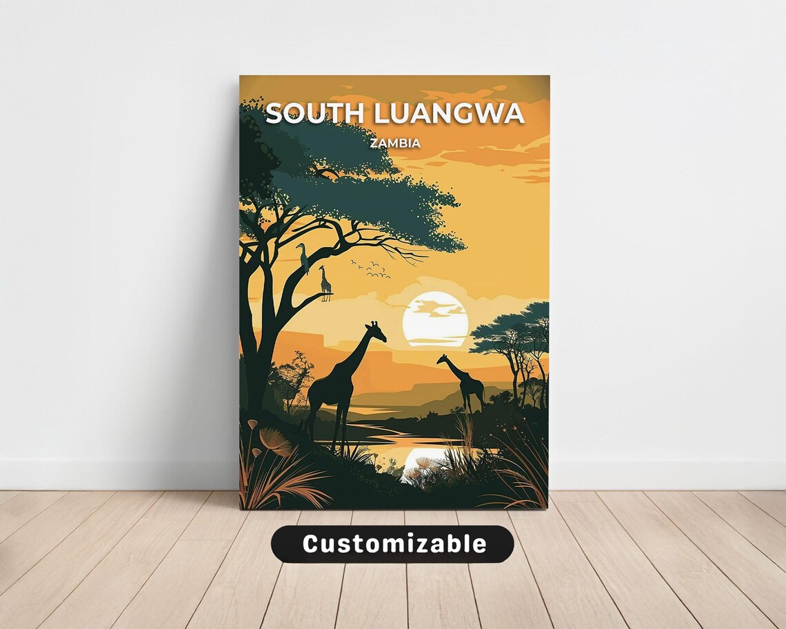 South Luangwa Zambia Giraffe Sunset Silhouette Safari Travel Poster