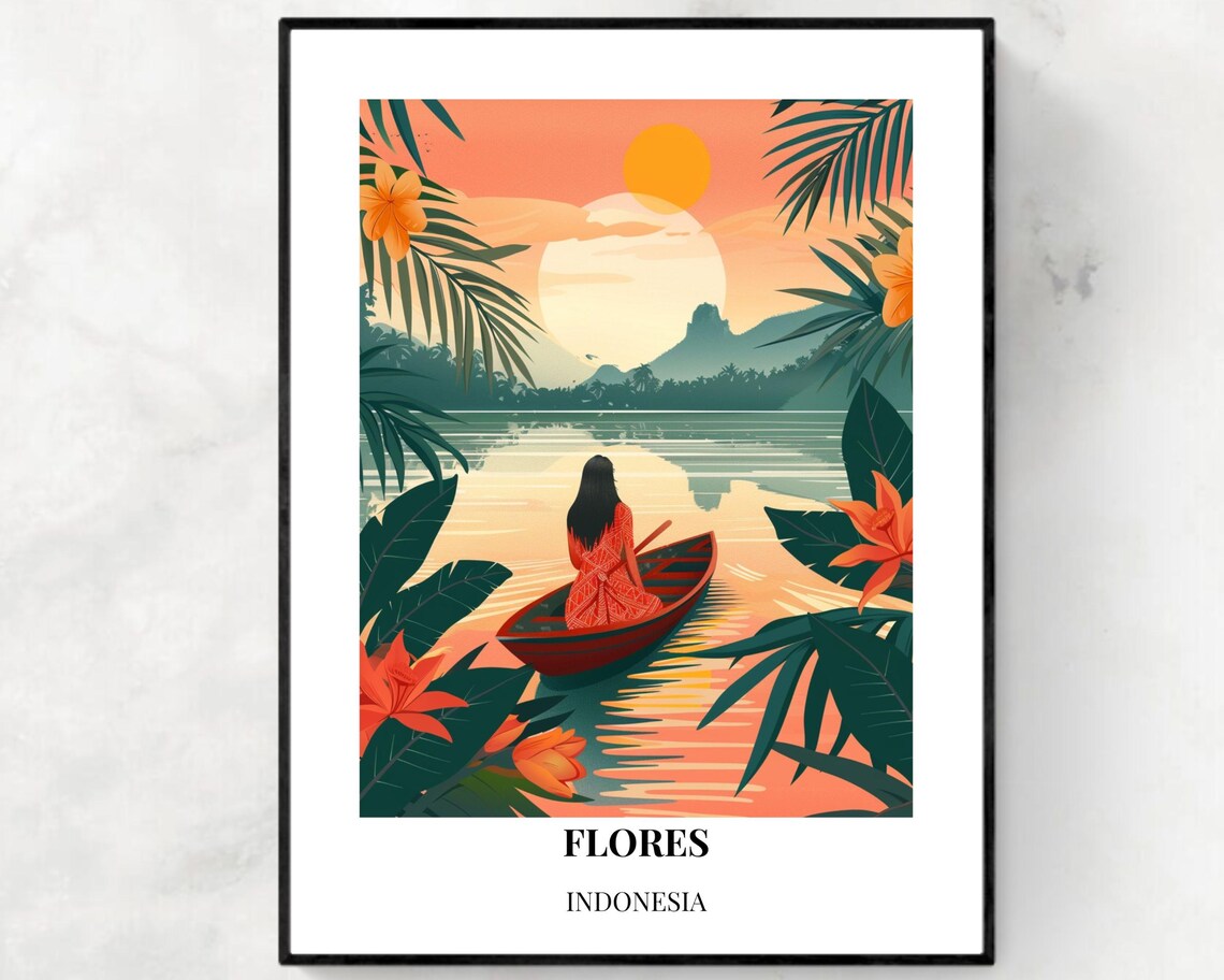 Flores Indonesia Sunset Canoe Lake Poster with Tropical Flower Frame