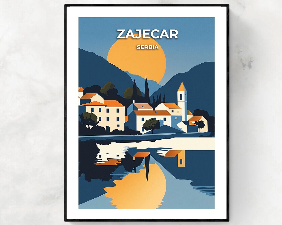 Zajecar Serbia Riverside Old Town and Church at Sunset Travel Poster