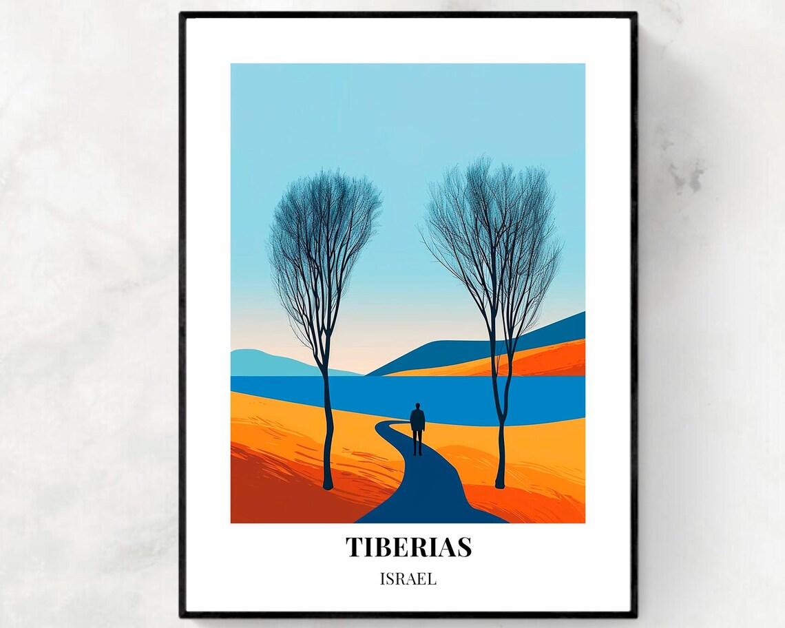 Tiberias Israel Sea Of Galilee Minimal Trees Path Figure Travel Poster