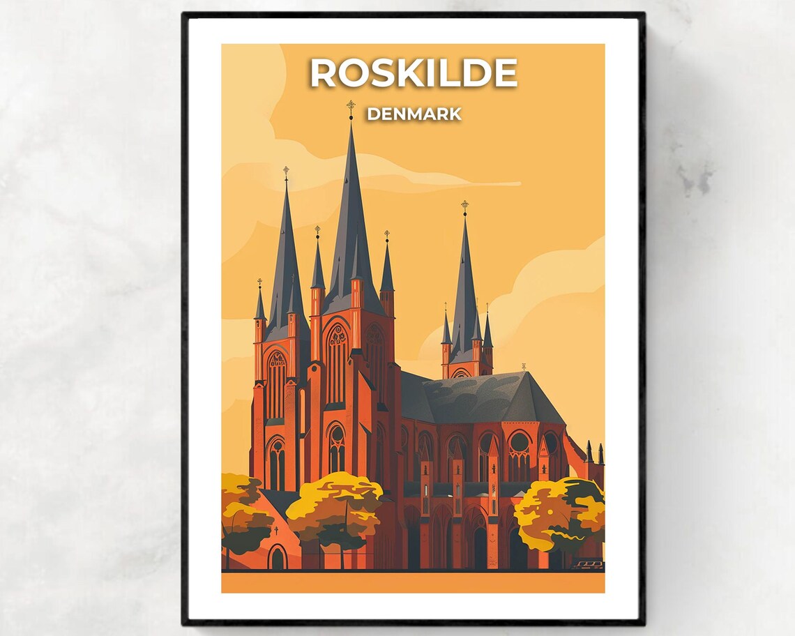 Roskilde Denmark Vintage Gothic Cathedral Spires Retro Travel Poster