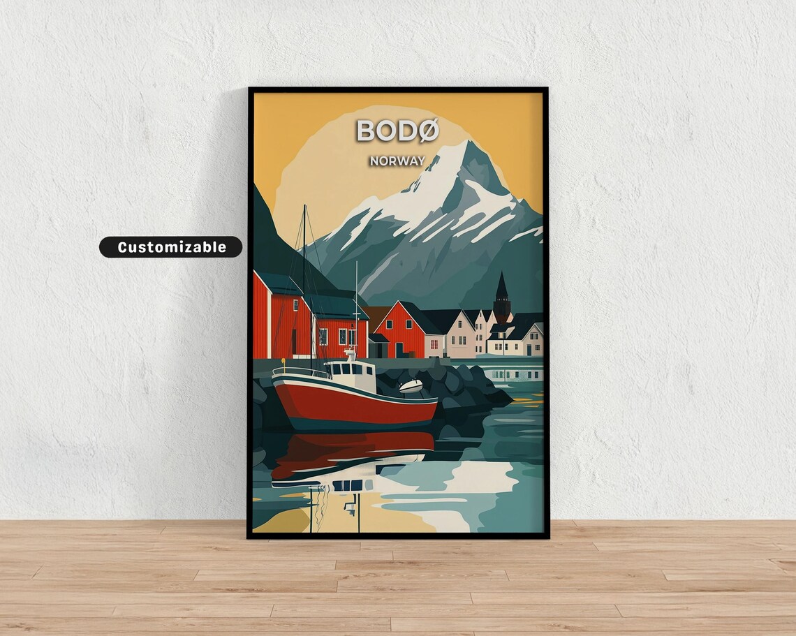 Bodø Norway Golden Sky Red Fishing Boat Mountain Travel Poster