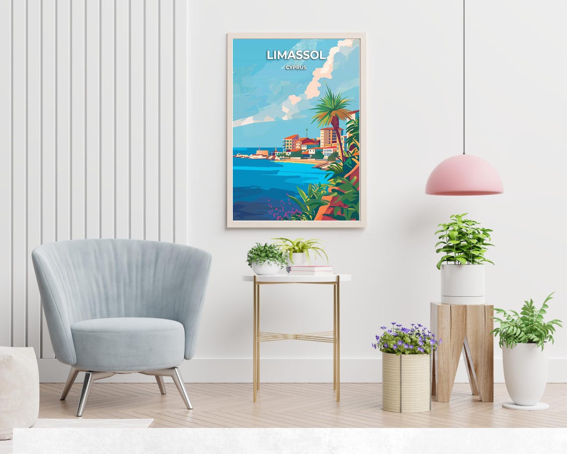 Limassol Seafront Buildings and Palm Trees Cyprus Travel Poster - Image 2